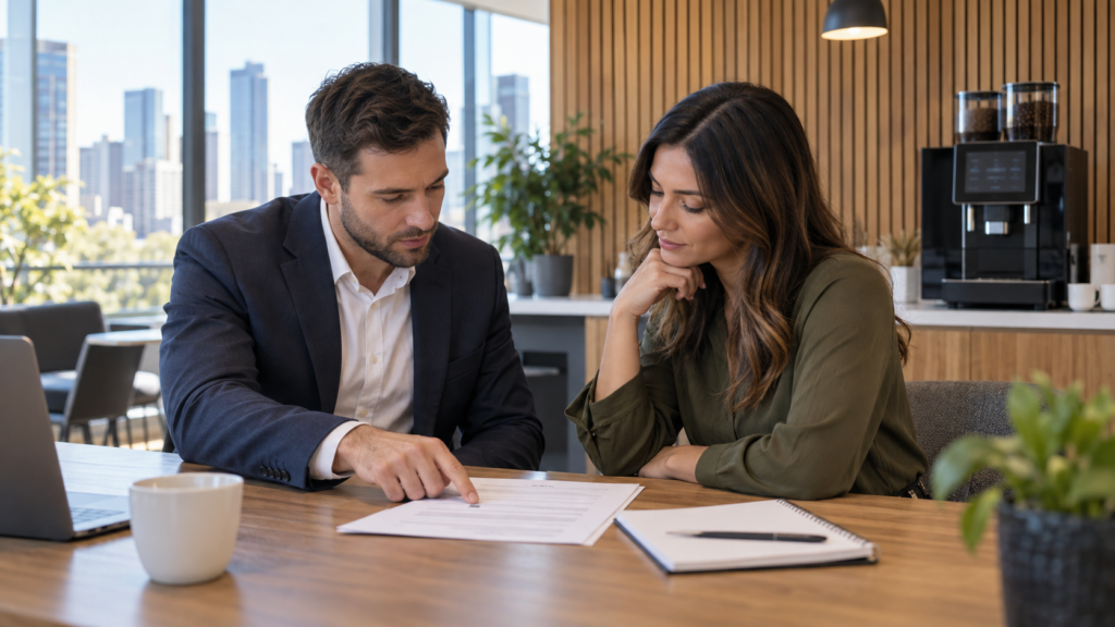 Two colleagues reviewing a coffee machine rental agreement in a Melbourne office, with a commercial superautomatic coffee machine behind them