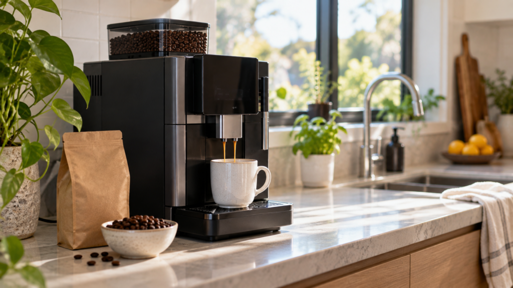 Compact bean to cup coffee machine filling a mug on a home kitchen benchtop beside a bag of coffee beans