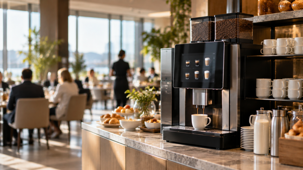 Commercial superautomatic coffee machine filling a cup on a hotel breakfast buffet counter with guests dining behind