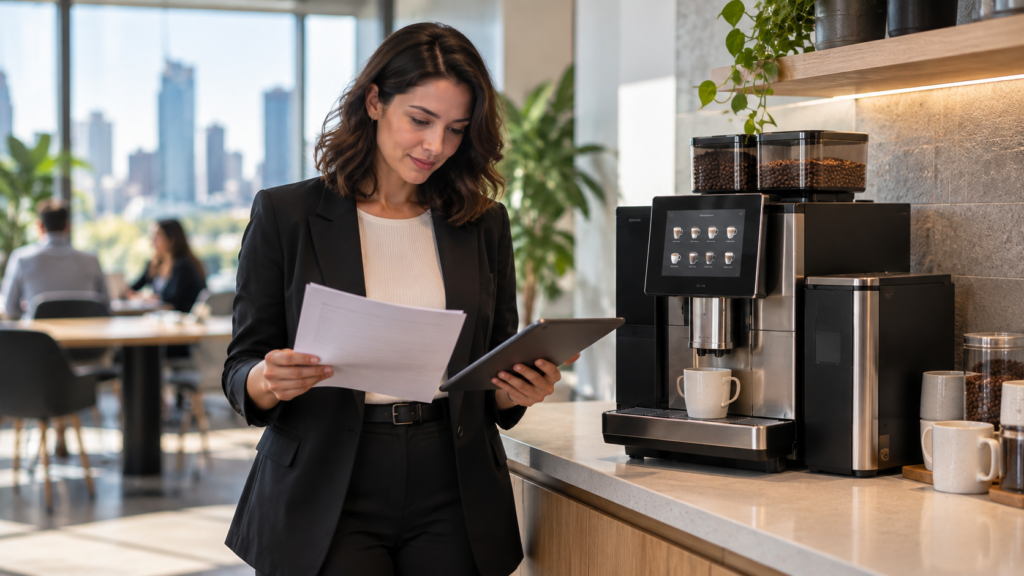 Office manager reading a printed quote beside a commercial superautomatic coffee machine in a Melbourne office kitchen
