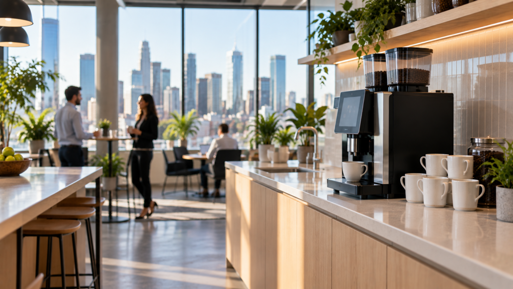 Commercial superautomatic coffee machine on the bench of a modern Melbourne office kitchen with the city skyline through the windows