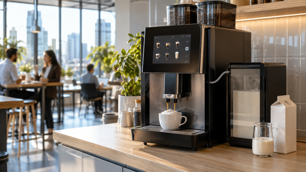 An oat milk coffee machine setup in a Melbourne office: a commercial superautomatic machine with a refrigerated milk unit pours a cappuccino beside a carton and jug of oat milk.