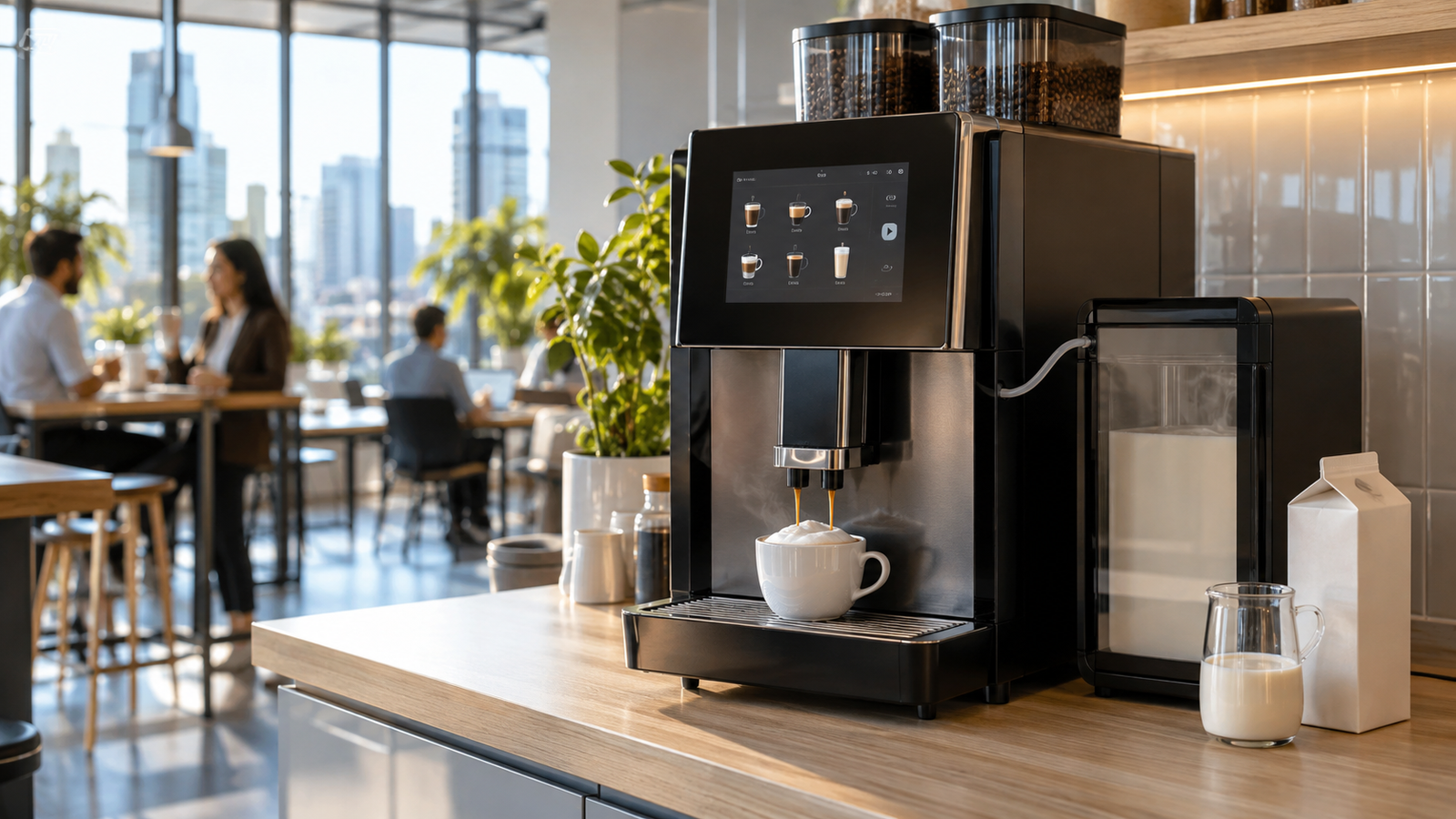 An oat milk coffee machine setup in a Melbourne office: a commercial superautomatic machine with a refrigerated milk unit pours a cappuccino beside a carton and jug of oat milk.