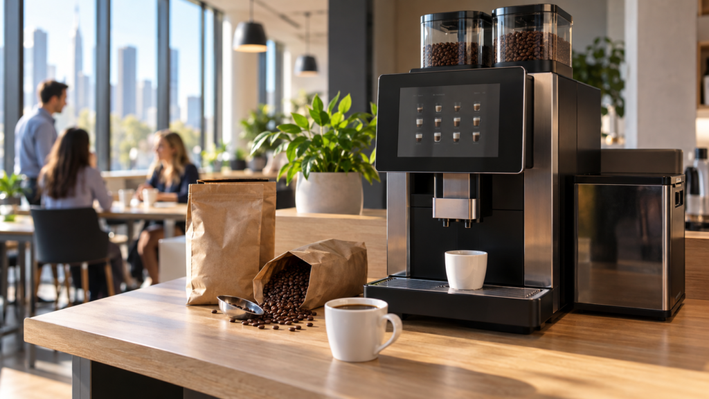 Bags of whole coffee beans on a Melbourne office kitchen counter beside a commercial superautomatic coffee machine with beans visible in the hopper.
