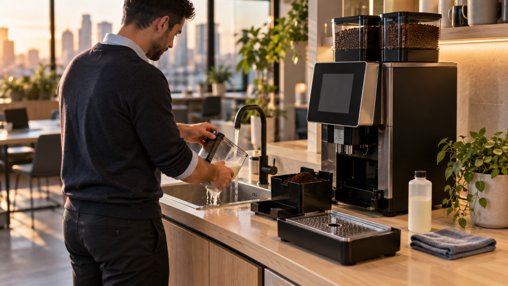 Office worker rinsing the milk container from a commercial superautomatic coffee machine, with the grounds drawer and drip tray on the bench