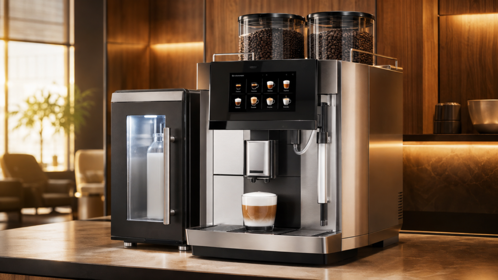 Commercial superautomatic coffee machine set up on a bench for an office coffee machine demonstration