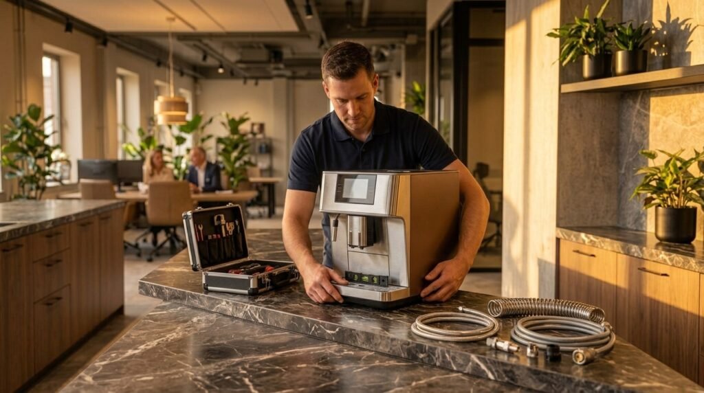 Technician installing and levelling a commercial bean-to-cup coffee machine on an office kitchen counter, with toolbox and water line visible