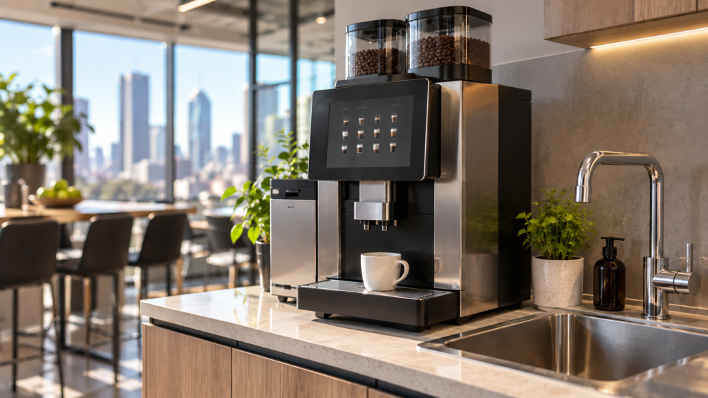 Commercial superautomatic coffee machine on an office kitchen bench beside a stainless steel sink and tap