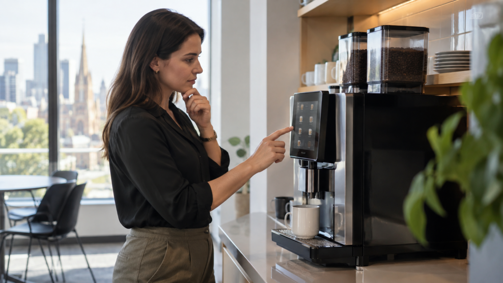 Office manager selecting a drink on the touchscreen of a commercial superautomatic coffee machine in a Melbourne office kitchen