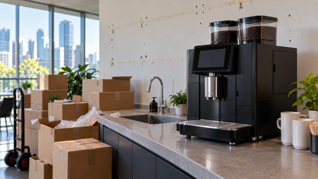 Commercial superautomatic coffee machine on an office kitchen bench beside stacked moving boxes