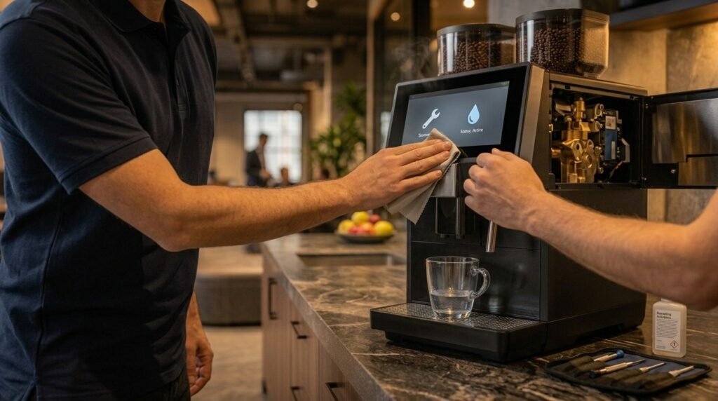 Technician servicing a commercial bean-to-cup coffee machine in an office kitchen, with descaling tools and service icons visible on the machine screen