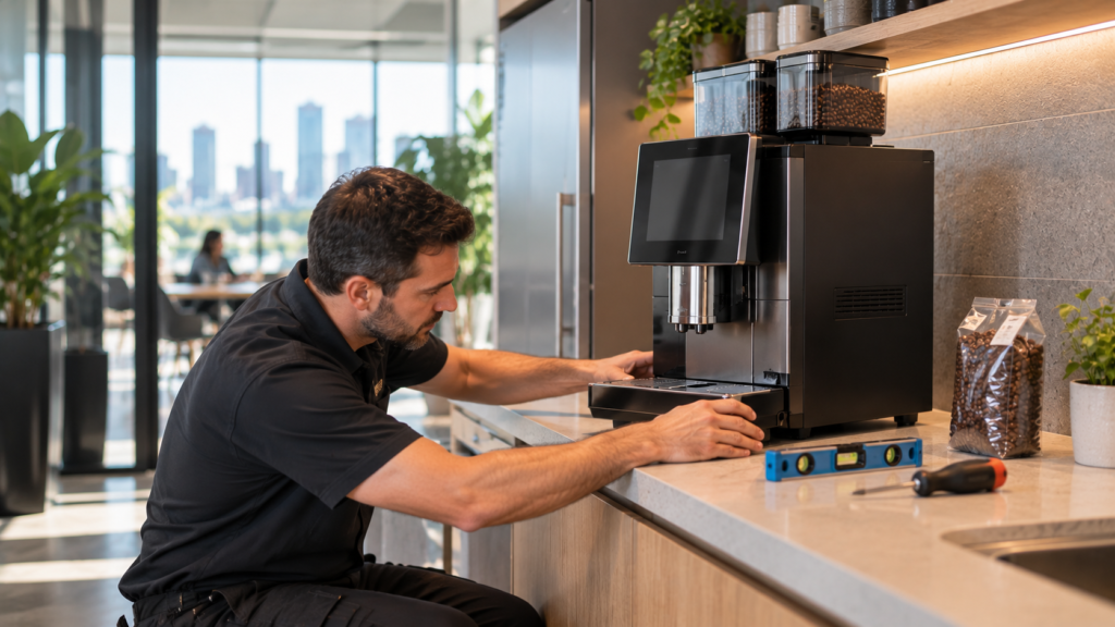 Technician levelling a commercial superautomatic coffee machine on an office kitchen bench, with a spirit level and a bag of coffee beans nearby