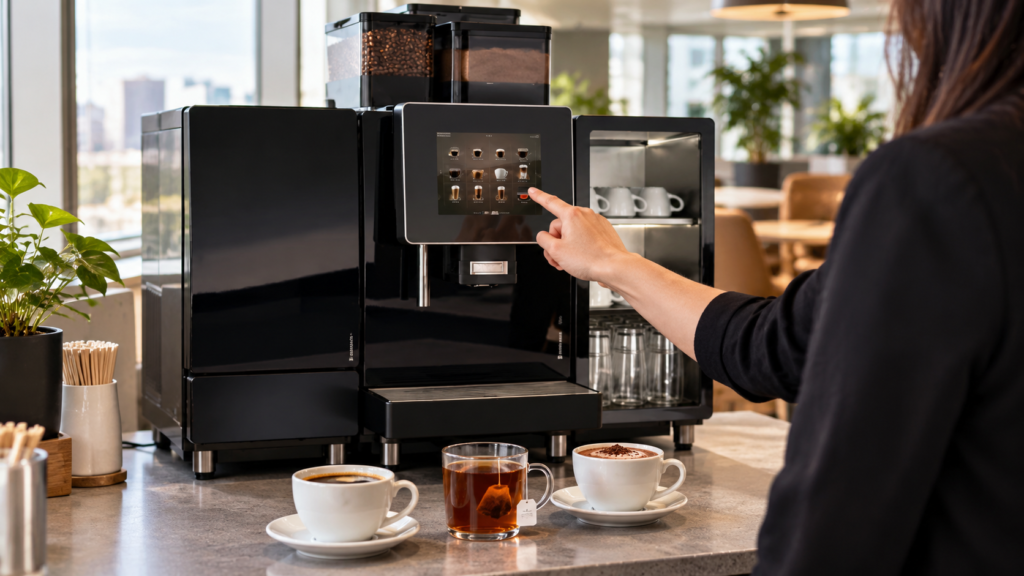 Coffee, a glass mug of tea and a hot chocolate on the bench beside a commercial superautomatic coffee machine in an office kitchen