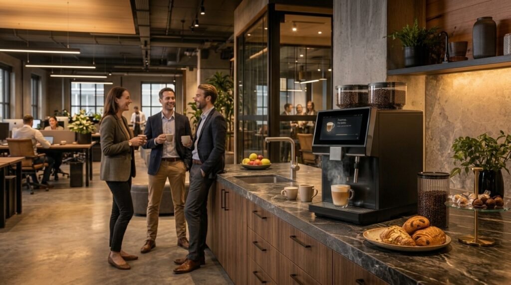 Three colleagues chatting over coffee near a commercial bean-to-cup machine in a busy open-plan office, illustrating a growing team sized office coffee setup