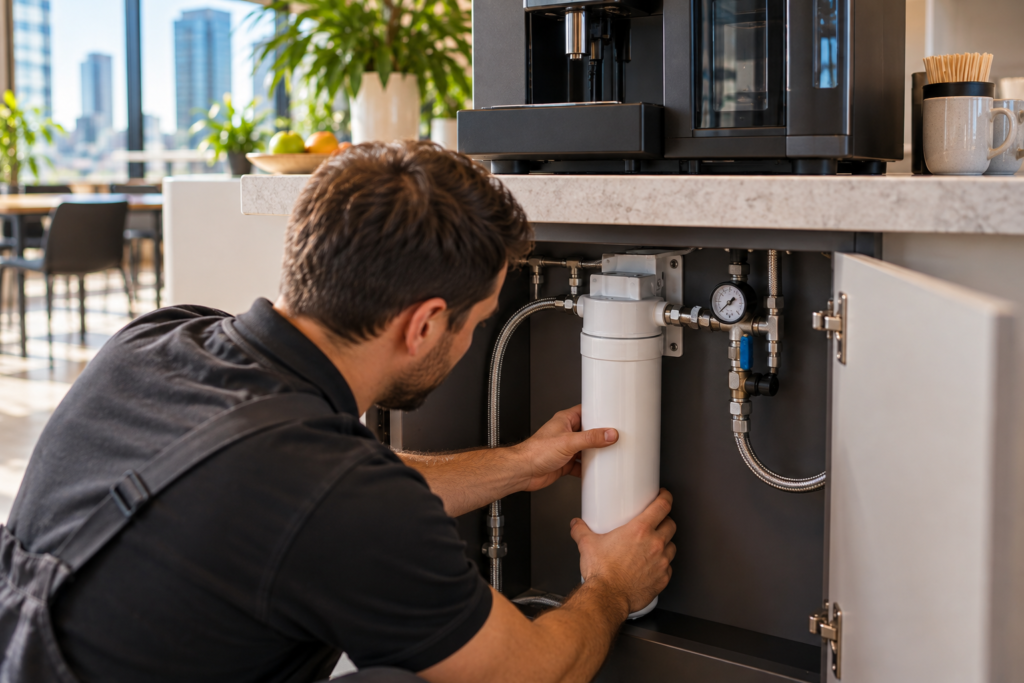 Service technician fitting a new water filter cartridge beneath a commercial bean to cup coffee machine in a Melbourne office kitchen