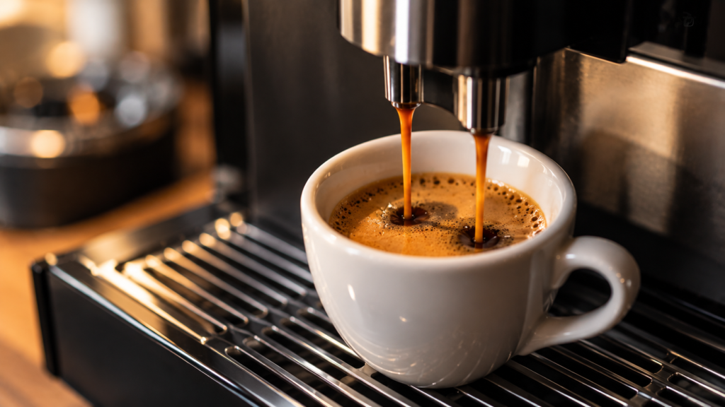 Espresso extracting from a machine spout into a small white cup with golden crema forming on the surface