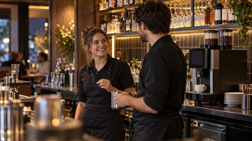 Commercial superautomatic coffee machine on the back bar of a busy Melbourne pub bistro, with staff serving during service