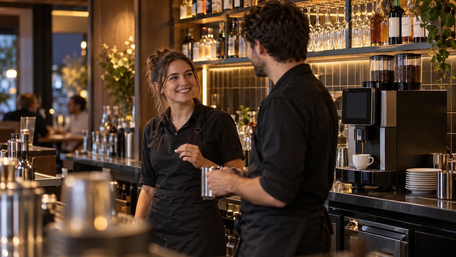 Commercial superautomatic coffee machine on the back bar of a busy Melbourne pub bistro, with staff serving during service