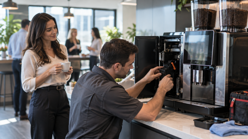 Service technician working inside an open commercial coffee machine in an office kitchen while a staff member waits with a cup