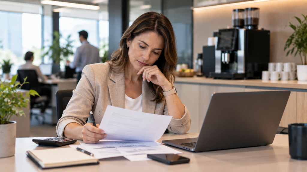 Office manager reviewing a printed quote and laptop at a desk with a commercial coffee machine on the kitchen bench behind