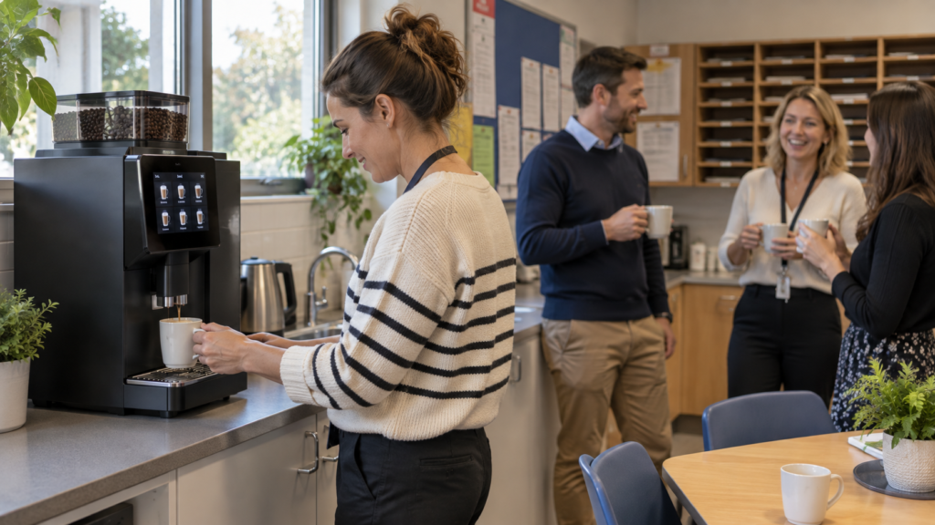 Teacher collecting a coffee from a commercial superautomatic coffee machine in a Melbourne school staff room