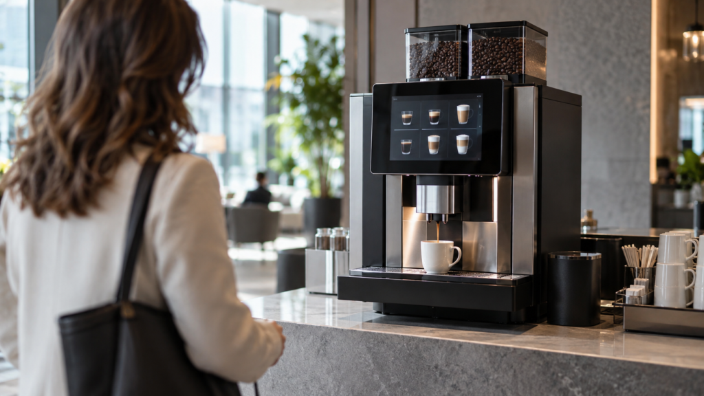 Person approaching a self service commercial superautomatic coffee machine filling a cup on a stone counter