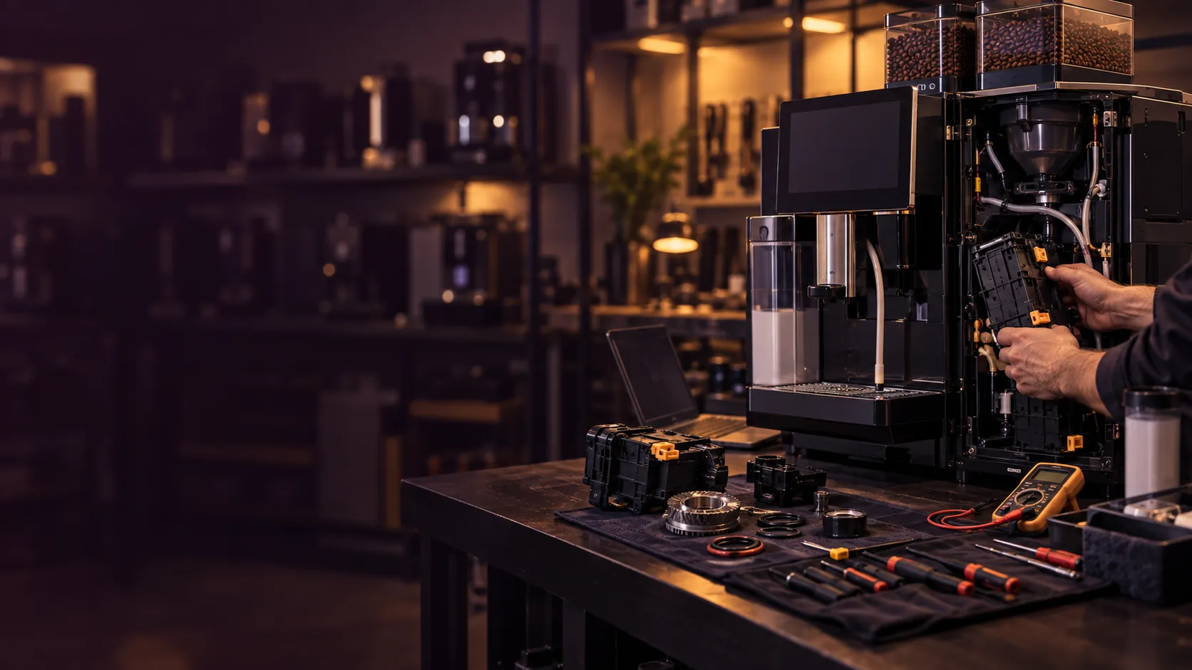 Technician repairing the brewing unit of a super-automatic commercial coffee machine
