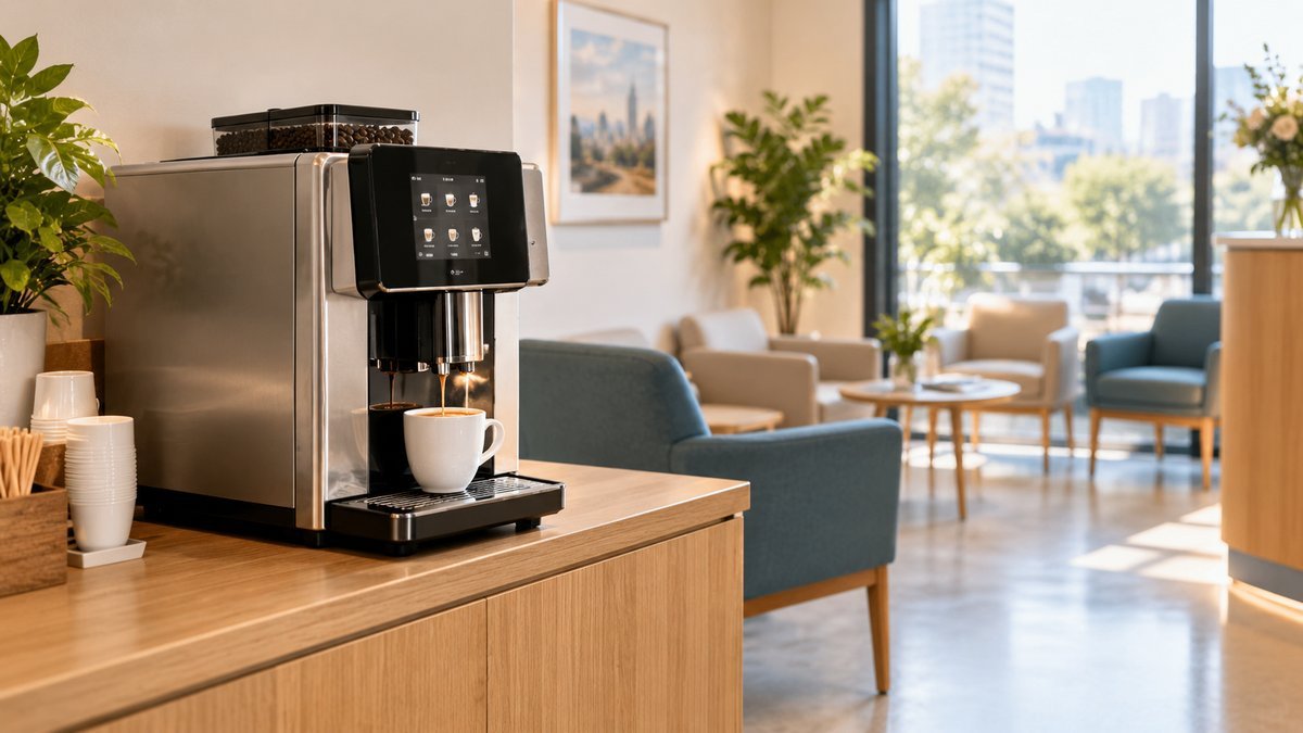 Bean to cup waiting room coffee machine on a timber counter in a Melbourne clinic