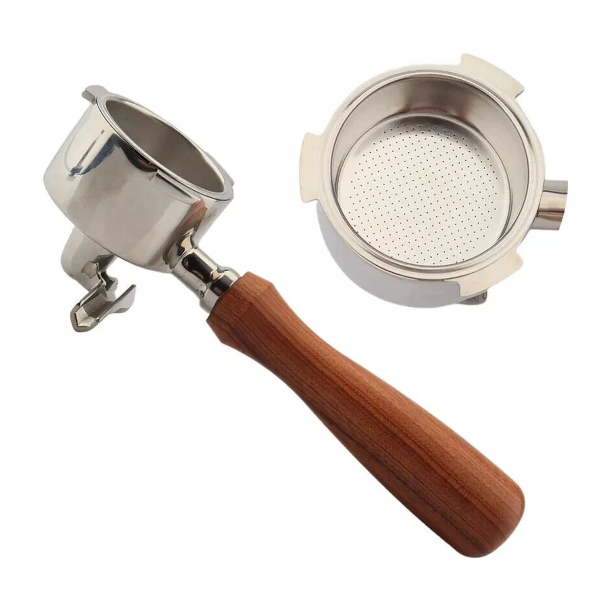 51 mm Double-Spout Portafilter with Basket, solid timber handle with basket