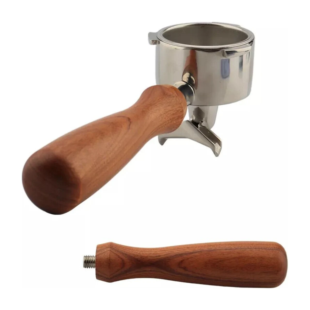 51 mm Double-Spout Portafilter with Basket, timber handle, side view