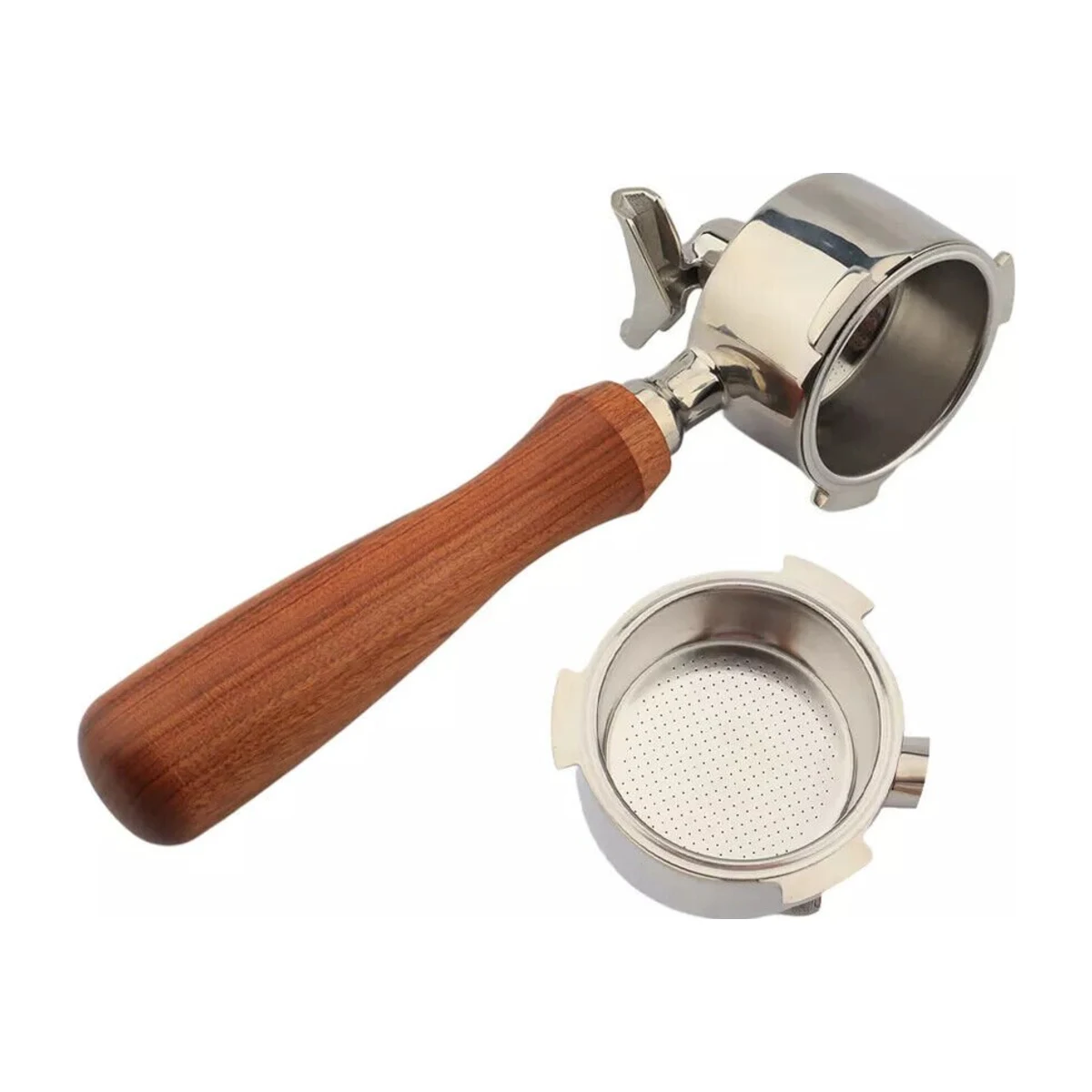 51 mm Double-Spout Portafilter with Basket, angled view