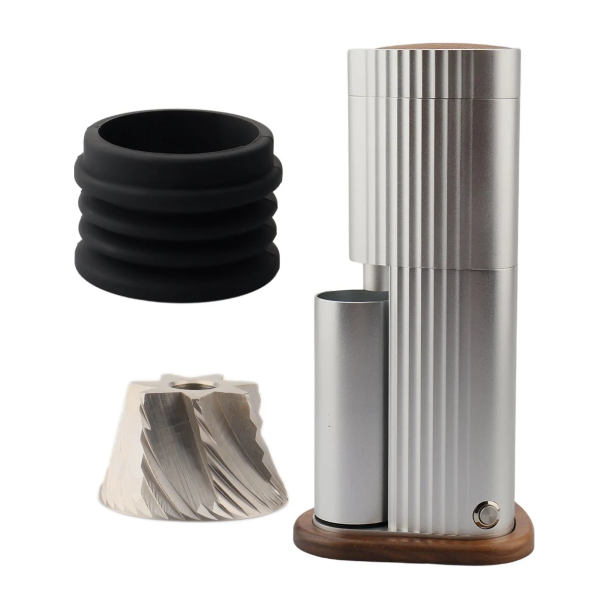 58 Espresso SPTK-38G coffee grinder, silver with timber base, shown with bellows and spare burr