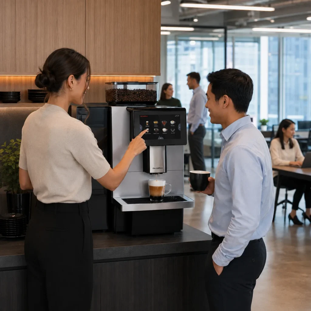 Dr Coffee machine rental for Melbourne offices showing reliable high-performance bean-to-cup coffee machine with happy staff