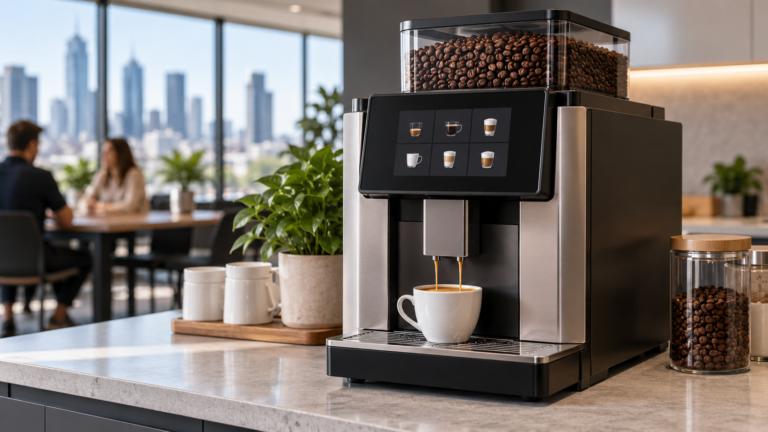 Commercial superautomatic coffee machine with roasted coffee beans in its glass hopper, pouring espresso into a white cup in a Melbourne office kitchen