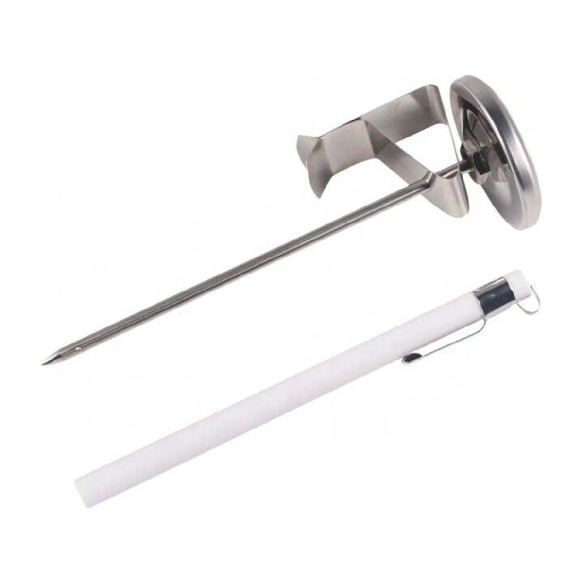 Clip-on barista milk thermometer and protective sleeve
