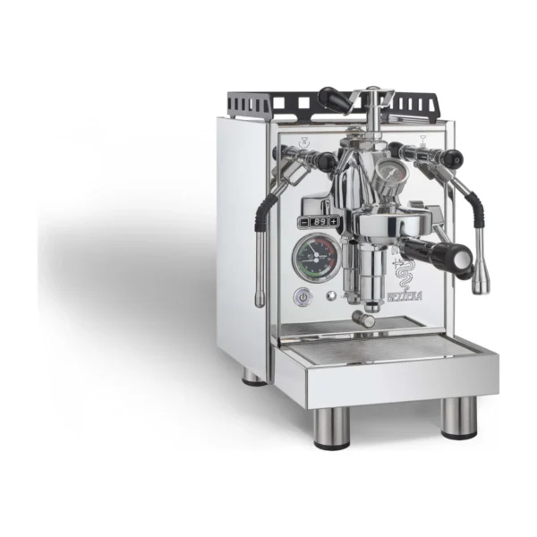 Bezzera Aria R PID, stainless steel, front three-quarter view with PID display and flow-control paddle