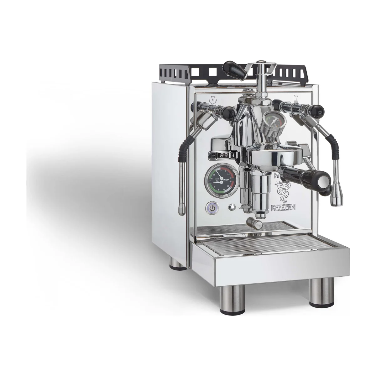 Bezzera Aria R PID, stainless steel, front three-quarter view with PID display and flow-control paddle