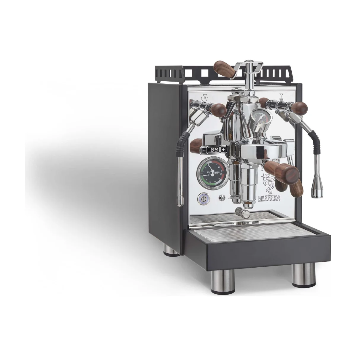 Bezzera Aria R PID, black body with walnut handles, front three-quarter view