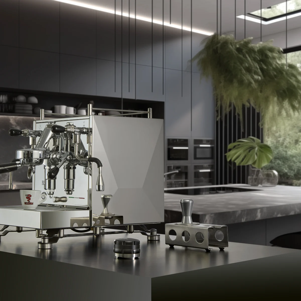 Bezzera Sole PID, stainless steel, side view on a kitchen bench with tamper station