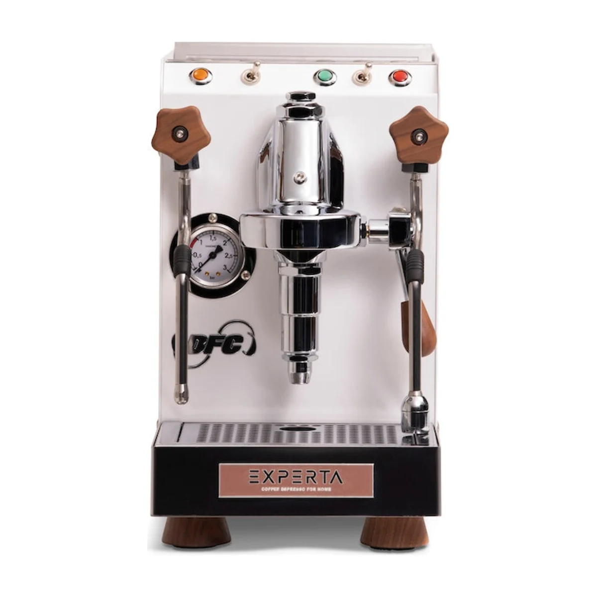Front view of the white BFC Experta with black drip tray base