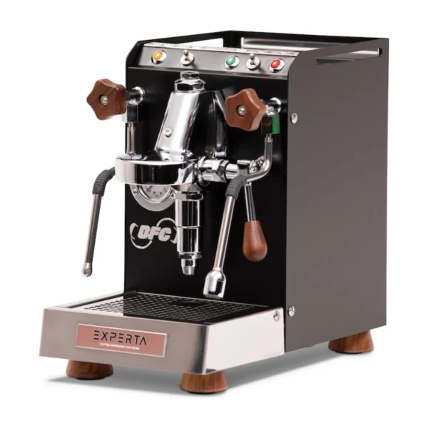 BFC Experta espresso machine in black with timber knobs and feet