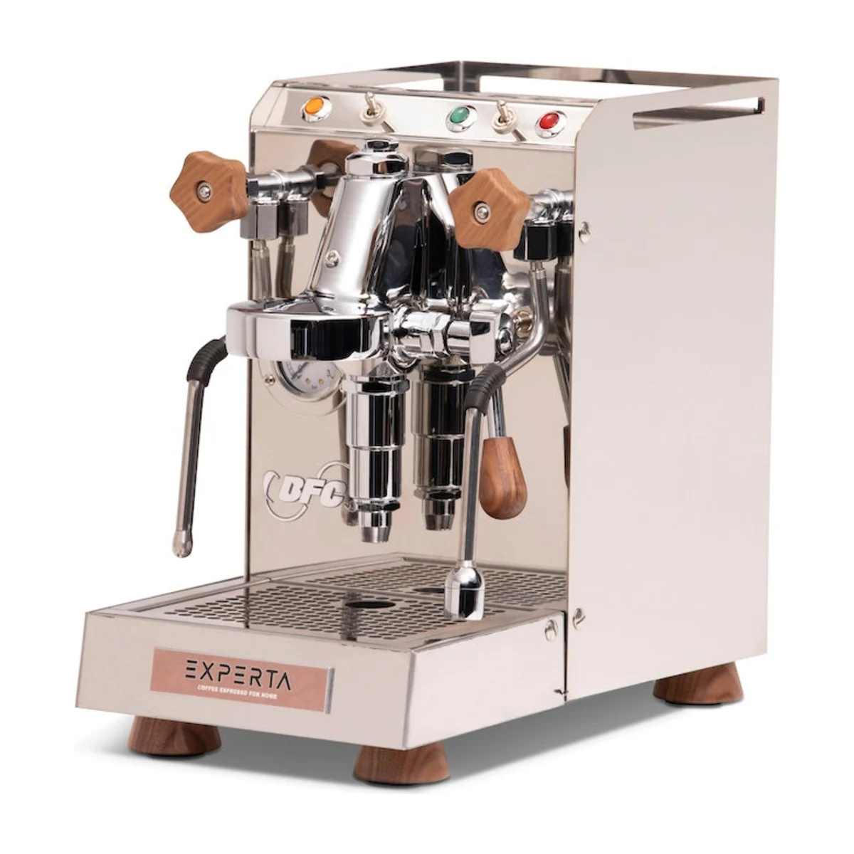 BFC Experta espresso machine in polished stainless steel with timber knobs