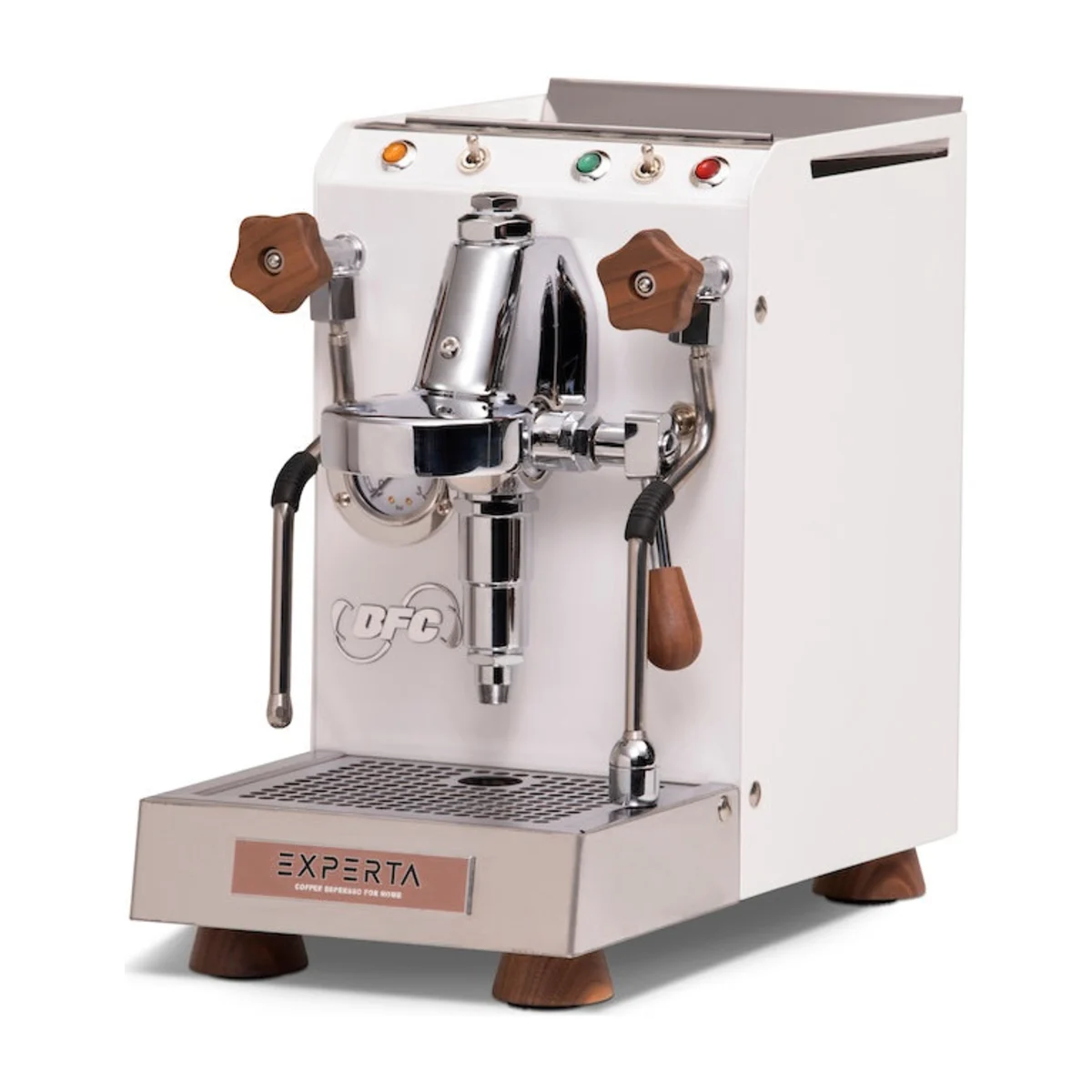 BFC Experta espresso machine in white with timber knobs and feet