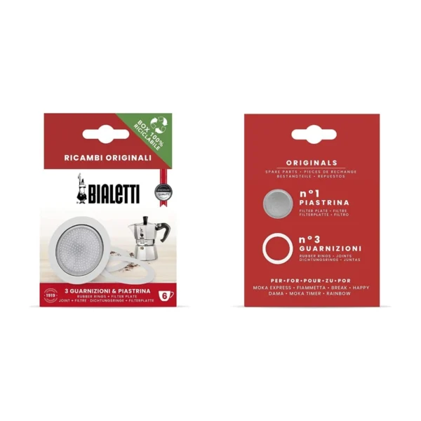 Bialetti 6-Cup Gasket & Filter Plate Set, bialetti box front and back