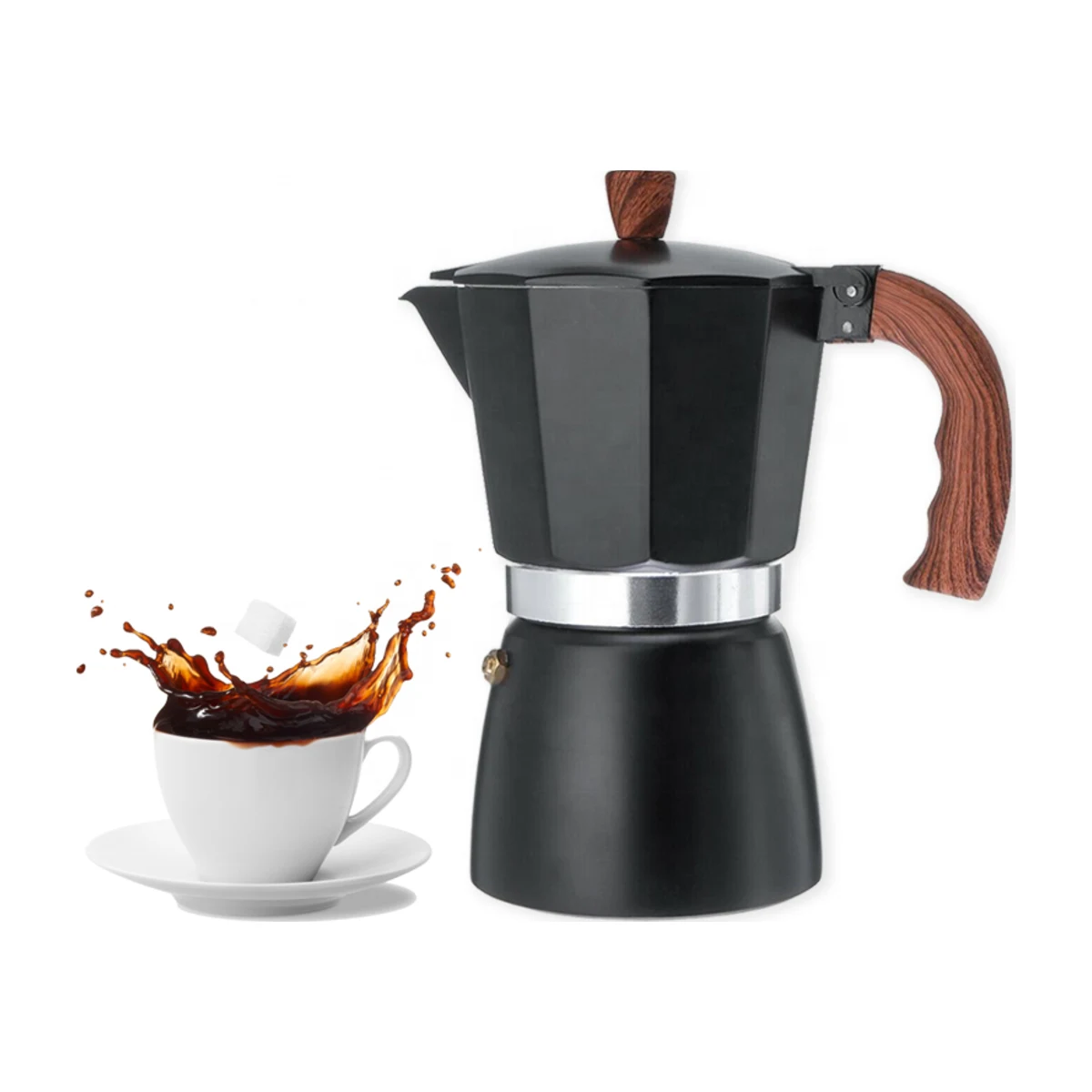 Black Moka Pot 3 or 6 Cup, front view with coffee cup