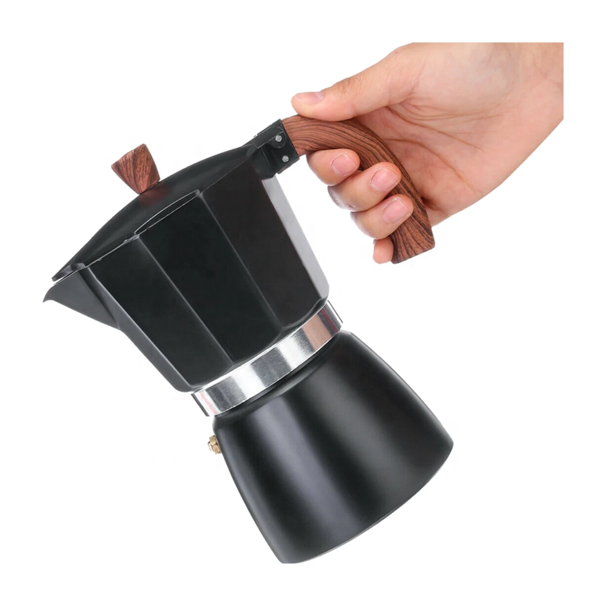 Black Moka Pot 3 or 6 Cup, held in hand