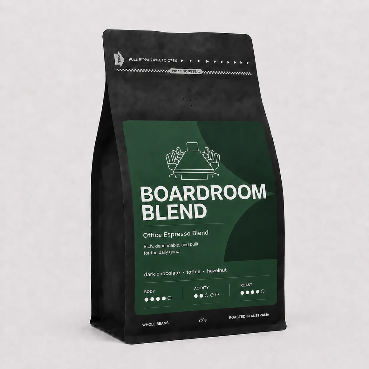 Boardroom Blend Coffee Beans 1 kg, bag angled view