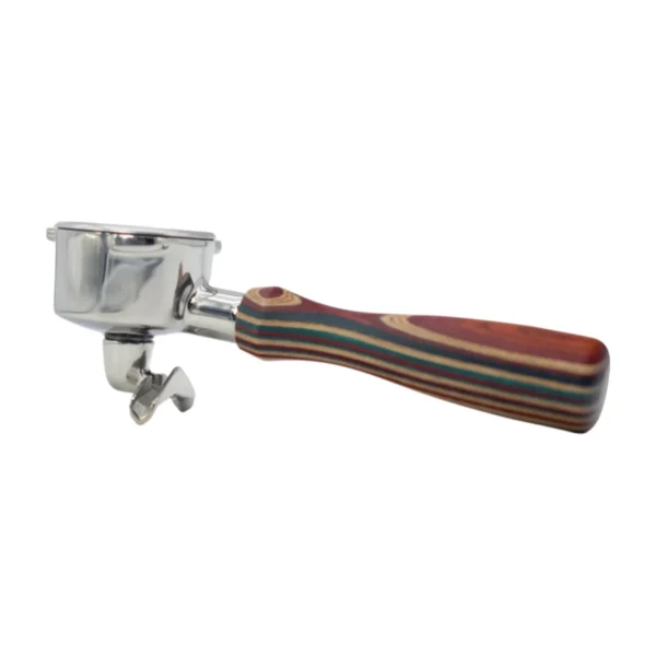 54 mm Double-Spout Portafilter for Breville, laminated timber handle, side view