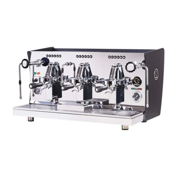 Brugnetti Giulia E61 3 Group, stainless steel with black sides, front three-quarter view