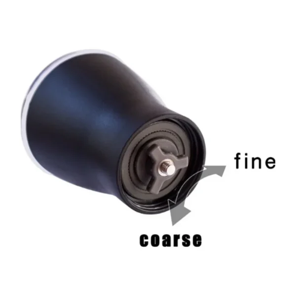 Underside of a black hand coffee grinder showing the burr adjustment from fine to coarse
